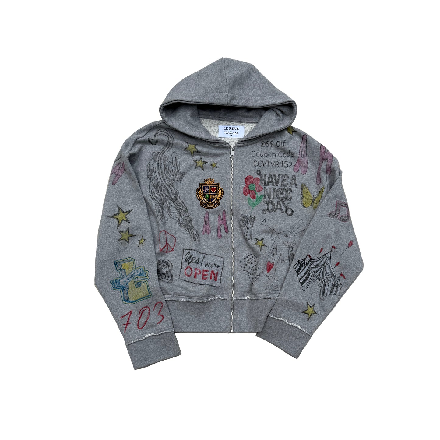 Hand Drawn Grey Zip Up Artist Hoodie
