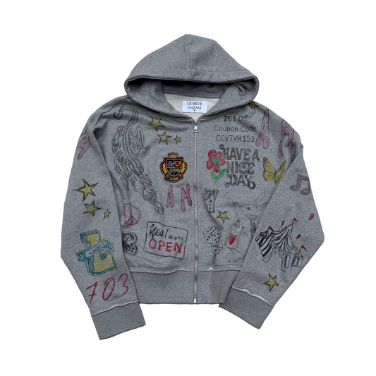 Hand Drawn Grey Zip Up Artist Hoodie