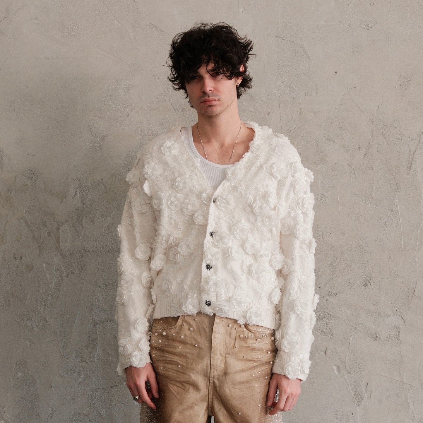 White Flower Embroidered Cardigan