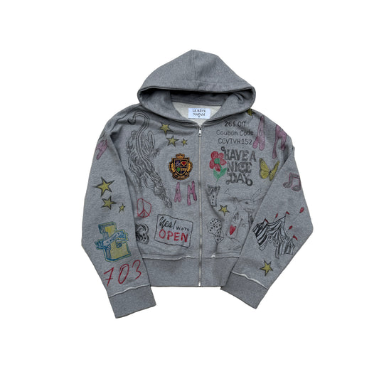 Hand Drawn Grey Zip Up Artist Hoodie